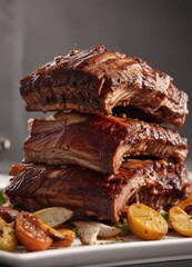 Tender pork ribs stacked high on a white plate, juicy and falling off the bone ,  meaty,  savory