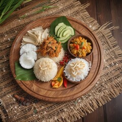 Traditional Indonesian food on a wooden platter garnished with coconut flakes and served on a woven mat ,  rice,  street food