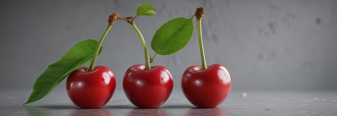 Two red cherries with green stem and leaf on a branch ,  botanical,  fruit