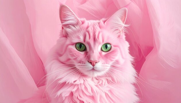 A fluffy, pink cat with green eyes is centered against soft, draped pink fabric, creating a dreamlike, whimsical scene