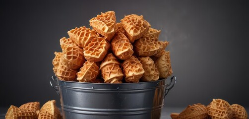 Waffle cones neatly stacked in a metal bucket, crunchy texture,  breakfast, food