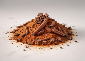 Warm brown spice isolated against a snowy white background with subtle texture and light reflections ,  spice,  kitchen