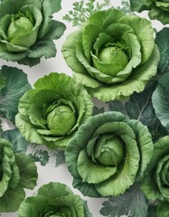 Watercolor painted green cabbage leaves and vegetables in a colorful arrangement on white background, watercolor painting,  organic food