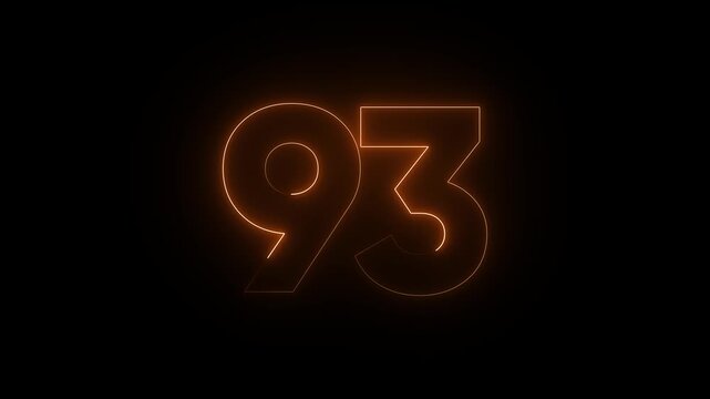 Glowing Number 93 Neon Light on Black Background for Milestone Celebration or Anniversary Concept