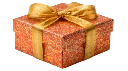 Red gift box with a golden ribbon and bow isolated on white background, a festive Christmas present or birthday surprise wrapped in decorative paper for a holiday celebration or anniversary