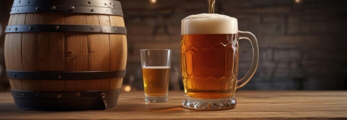 Wooden barrel with open tap pouring stein-filled beer, glass, wooden,  pub,  outdoor