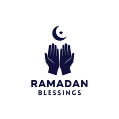 Ramadan blessings logo with hands and crescent moon symbolizing islamic holy month with prayer and faith and religion