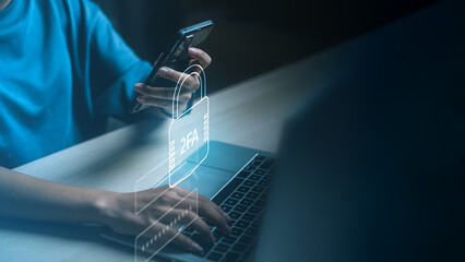 Multi-factor authentication concept with smartphone and laptop showing secure login, identity verification, OTP code, and two-factor protection for online accounts and cybersecurity systems.