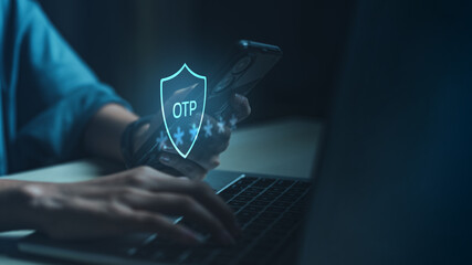 One-time password authentication on smartphone with laptop, showing secure login, identity verification, two-factor authentication, and cybersecurity protection for online accounts and digital systems