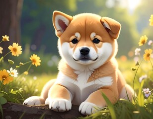 A fluffy tan-and-white puppy rests in a flower-filled meadow under sunny skies, exuding warmth and joy