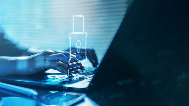 Secure login and password encryption concept with digital lock interface on laptop keyboard, showing data privacy, access control, and cybersecurity protection in modern technology systems. - Powered by Adobe