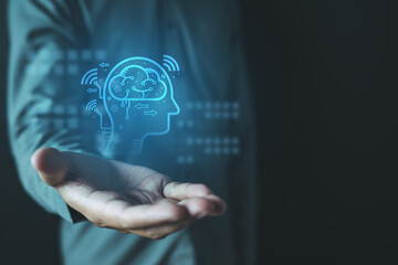 Virtual AI assistant hologram above human hand, representing artificial intelligence, smart automation, voice interaction, and futuristic digital interface technology for business and innovation.