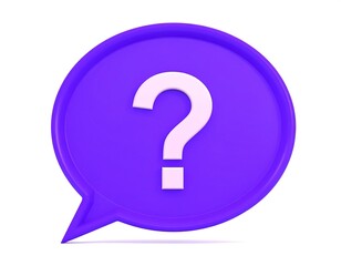 A 3D rendered, stylized, purple speech bubble containing a white question mark, isolated on a white background