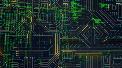 Animation of data processing over computer circuit board on black background - Powered by Adobe