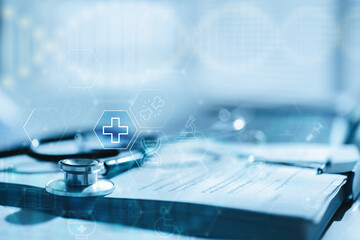 AI-powered healthcare concept with stethoscope and digital medical interface, representing intelligent diagnosis, data analysis, and advanced patient care in modern clinics and hospitals.
