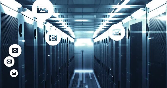 Animation of email icons over computer servers