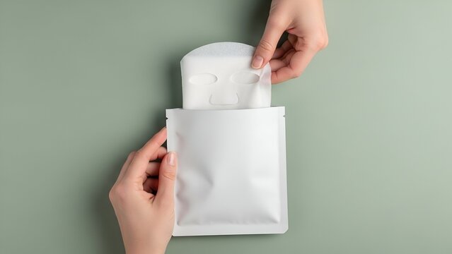 Hands holding facial sheet mask packaging 1.