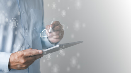 Cloud computing and network infrastructure concept showing secure data access, virtual servers, and digital storage, representing scalable technology, system analysis, and modern IT security.