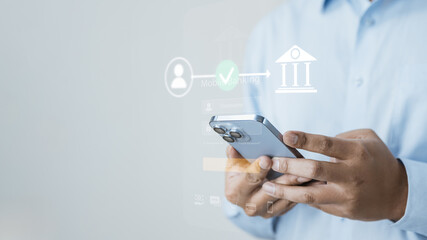 Fintech mobile banking concept with smartphone payment interface, representing digital finance, secure transactions, online banking services, financial technology innovation, and cashless economy.