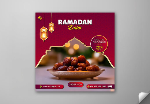 Editable Ramadan Dates Sale Social Media Post with 20 Percent Discount Offer on Red Islamic Pattern Background for Iftar Food Promotion.