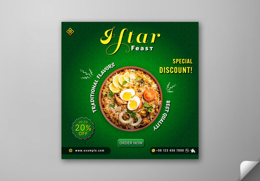 Editable Iftar Food Promotion Social Media Post Template with Non Veg Biryani in Bowl Image on Green Islamic Pattern Background for Ramadan Month Restaurant Offer.
