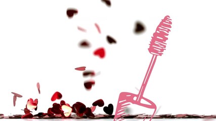 Animation of mascara icon over hearts falling - Powered by Adobe