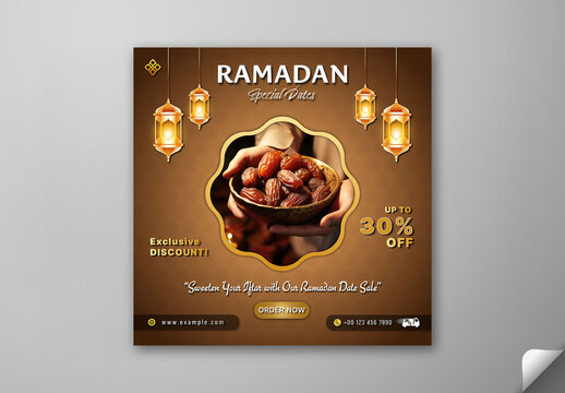 Editable Ramadan Dates Sale Social Media Post in Brown Theme with 30 Percent Discount Offer for Iftar Food Promotion.