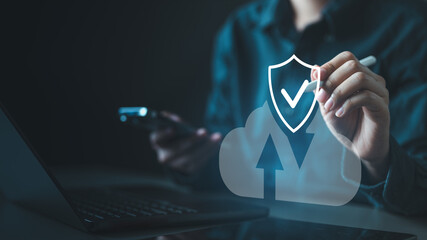Cloud security concept with shield icon and data upload symbol, representing secure cloud computing, privacy protection, and trusted data management for modern digital systems and enterprises.