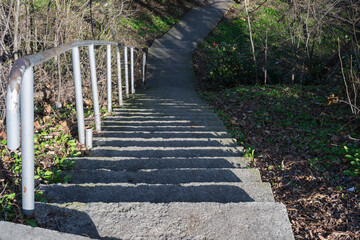 a set of concrete stairs winding through a wooded area, featuring a metal handrail on the left and sharp shadow lines cast by the sun.