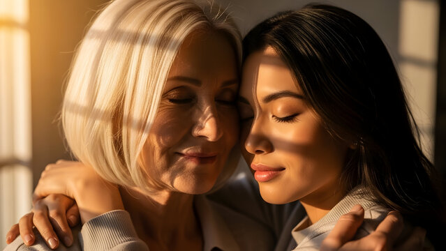 Two women embracing in warm sunlight conveying love and connection. - Powered by Adobe