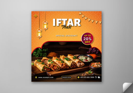 Editable Iftar Feast Restaurant Promotion Social Media Post with Assorted Traditional Food Image and 20 Percent Discount Offer in Orange Theme Design.