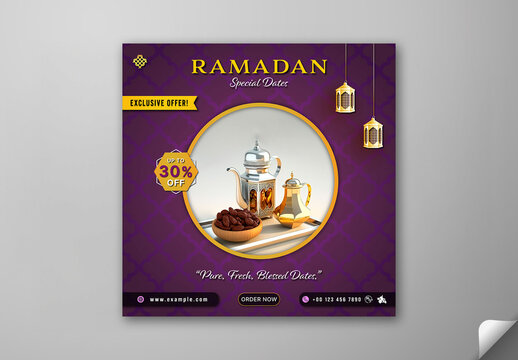 Editable Ramadan Dates Sale Social Media Post in Purple Theme with 30 Percent Discount Offer for Iftar Food Promotion.