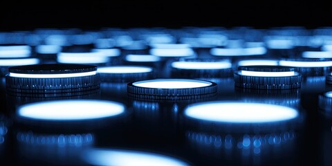 Close-up of glowing blue cylindrical objects, arranged in a grid, emanating light, reflecting