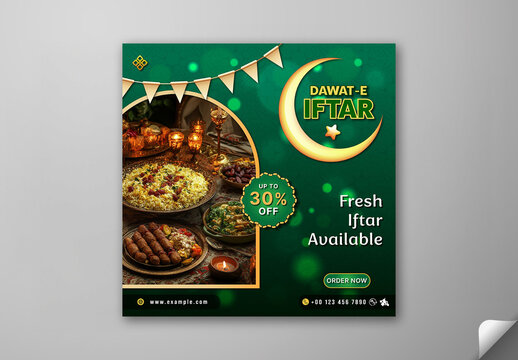 Editable Dawat E Iftar Restaurant Promotion Social Media Post with Assorted Traditional Foods Image and 30 Percent Discount Offer in Green Theme Design for Ramadan Month Food Promotion.