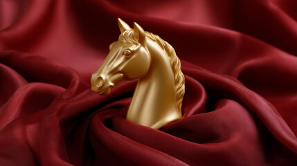 Elegant Golden Horse Sculpture Embraced by Rich Red Fabric on Soft Background, Perfect for Artistic or Decorative Themes in Photography, Artwork, and Design