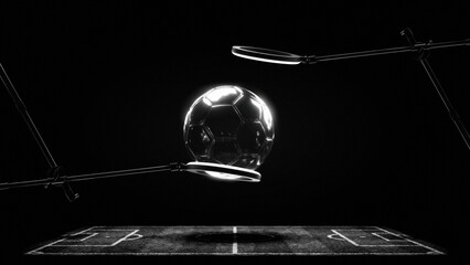 Futuristic glass soccer ball suspended in tech lab. Concept of sports technology innovation, data driven performance analysis, advanced engineering visuals. Digital artwork for sportstech advertising.