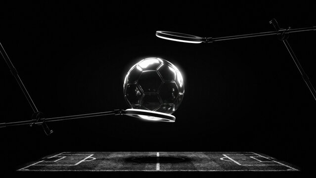 Futuristic glass soccer ball suspended in tech lab. Concept of sports technology innovation, data driven performance analysis, advanced engineering visuals. Digital artwork for sportstech advertising. - Powered by Adobe