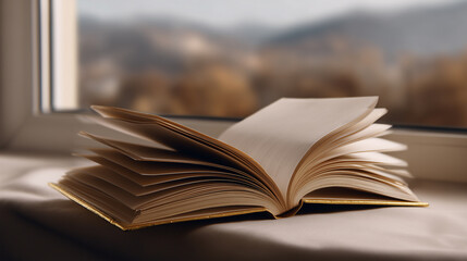 Open Book on Windowsill with Soft Natural Light and Blurred Scenic Background Creating a Cozy Reading Atmosphere at Home