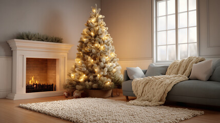 Cozy living room with a decorated Christmas tree, warm fireplace, soft textures, and inviting ambiance perfect for holiday celebrations and gatherings