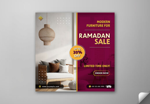 Editable Ramadan Sale Social Media Post with Exclusive Offer on Modern Furniture, Grey and Dark Pink Theme Design.
