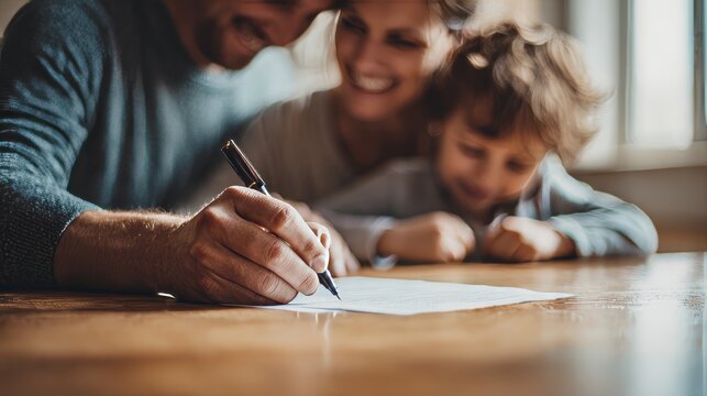 Family Bonding Moment Signing Documents at Home Lifestyle Environment Close-Up View Togetherness Concept
