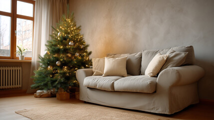 Cozy and Inviting Living Room Decorated for Christmas with a Soft Couch and a Festive Tree Illuminated with Warm Lights