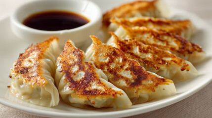 こんがりと黄金色に焼き上がったパリパリの羽根つき焼き餃子と特製のタレ