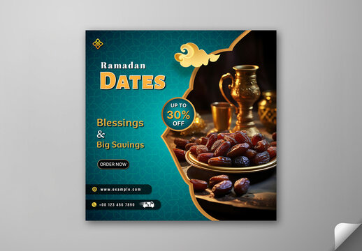 Editable Ramadan Dates Sale Social Media Post in Teal Blue Design with 30 Percent Discount Offer for Iftar Food Promotion.