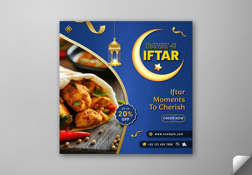 Editable Dawat E Iftar Food Promotion Social Media Post in Blue Design with Chicken Wrap Image and 20 Percent Discount Offer for Ramadan Month Restaurant Sale.