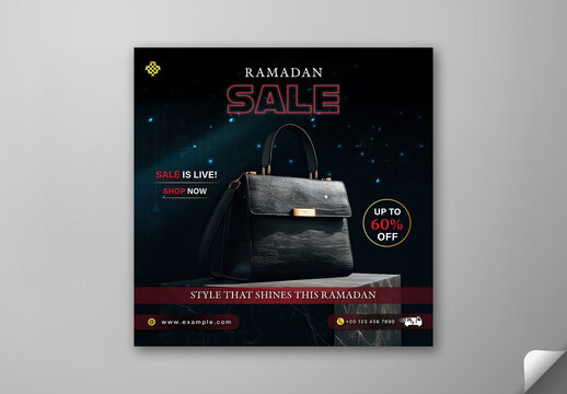 Editable Ramadan Sale Social Media Post in Black Design with 60 Percent Discount Offer on Female Handbag.