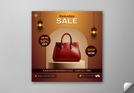 Editable Ramadan Sale Social Media Post in Golden Design with 60 Percent Discount Offer on Female Handbag.