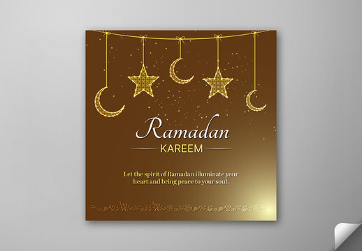 Editable Ramadan Kareem Greeting Post with Glowing Crescent Moon and Stars Hang on Warm Golden Background for Social Media Template.
