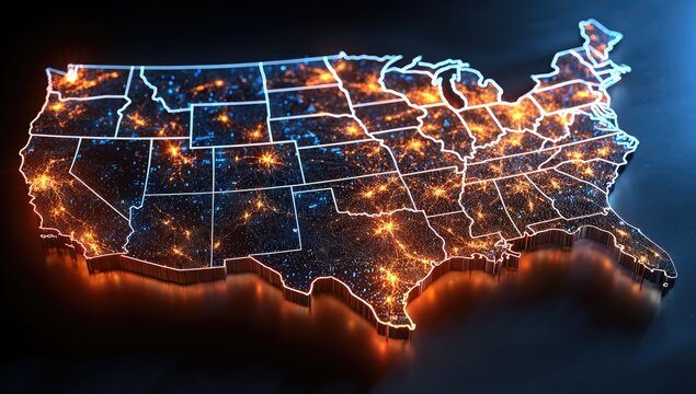 Digital 3D map of the USA, showing glowing cities and interconnected networks at night