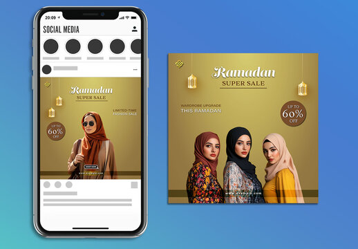 Editable Ramadan Fashion Sale Social Media Post in Pastel Gold Design with 60 Percent Discount Offer on Wardrobe Upgrade and Three Muslim Women in Hijab Photo.